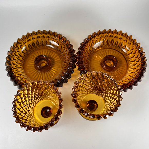Vtg Indiana Art Glass Amber Diamond Point Peg Votive Candle Holders Retro MCM - Picture 4 of 12